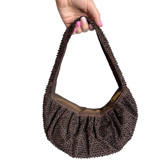 70s Brown Beaded Shoulder Bag With Zipper Closure - Picture 1 of 9